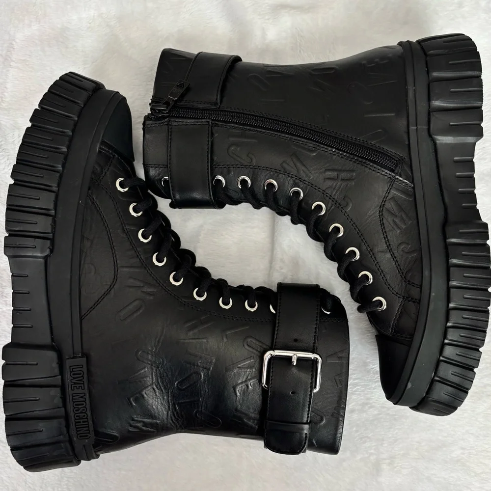 LOVE MOSCHINO Black Leather Moto Biker Boots--NEW--7 - Picture 6 of 15